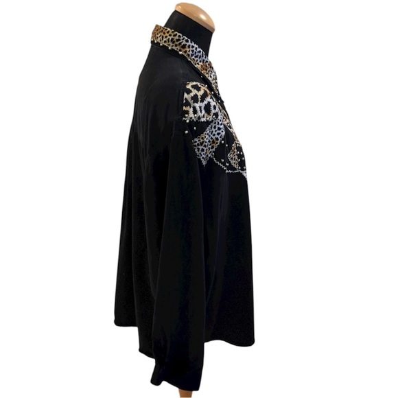 Y2K CZ Club Z Denim Cowboy Shirt Leopard Print Button Down Long Sleeve Size 2X - Picture 2 of 8